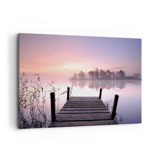 Obraz na płótnie - Z liliowej mgły... - 100x70cm - Krajobraz Wschód Słońca Jezioro - Nowoczesny foto obraz w ramie do salonu do sypialni ARTTOR ARTTOR