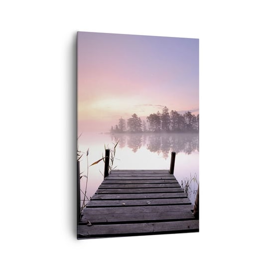 Obraz na płótnie - Z liliowej mgły... - 80x120cm - Krajobraz Wschód Słońca Jezioro - Nowoczesny obraz na ścianę do salonu do sypialni ARTTOR ARTTOR