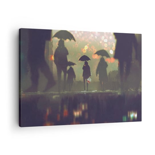 Obraz na płótnie - Z perspektywy kropli deszczu - 70x50cm - Spacer W Deszczu Ludzie Grafika - Nowoczesny Canvas obraz do salonu do sypialni ARTTOR ARTTOR