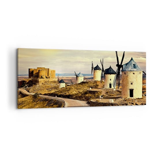 Obraz na płótnie - Zaraz pojawi się Don Kichot - 100x40cm - Krajobraz Andaluzja Wiatraki - Nowoczesny foto obraz w ramie do salonu do sypialni ARTTOR ARTTOR