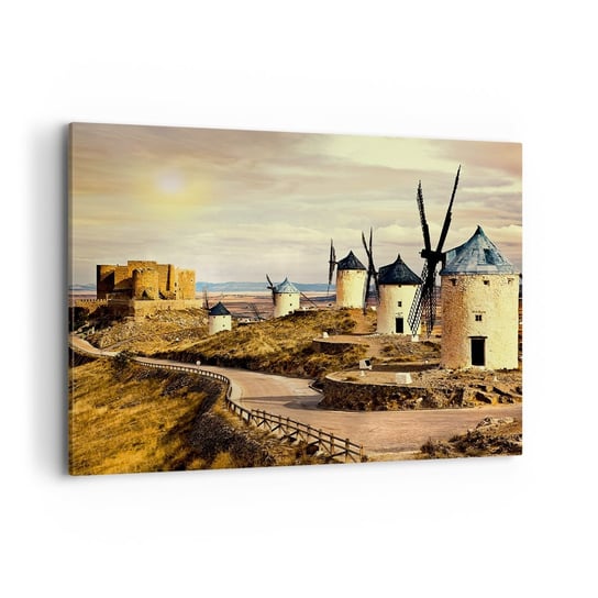 Obraz na płótnie - Zaraz pojawi się Don Kichot - 100x70cm - Krajobraz Andaluzja Wiatraki - Nowoczesny foto obraz w ramie do salonu do sypialni ARTTOR ARTTOR