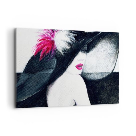 Obraz na płótnie - Zawsze tajemnica - 120x80cm - Kobieta W Kapeluszu Twarz Kobiety Czerwone Usta - Nowoczesny obraz na ścianę do salonu do sypialni ARTTOR ARTTOR