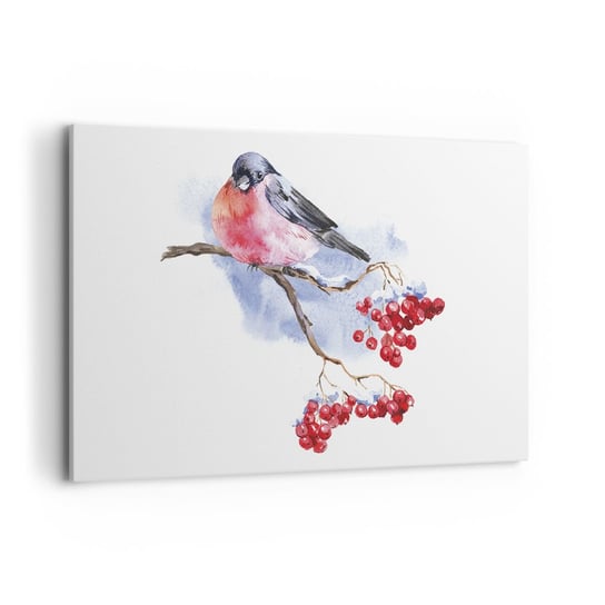 Obraz na płótnie - Zima w kolorze - 120x80cm - Ptak Na Gałęzi Czerwona Jarzębina Grafika - Nowoczesny obraz na ścianę do salonu do sypialni ARTTOR ARTTOR