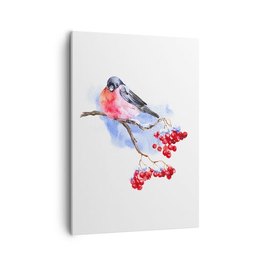 Obraz na płótnie - Zima w kolorze - 50x70cm - Ptak Na Gałęzi Czerwona Jarzębina Grafika - Nowoczesny Canvas obraz do salonu do sypialni ARTTOR ARTTOR