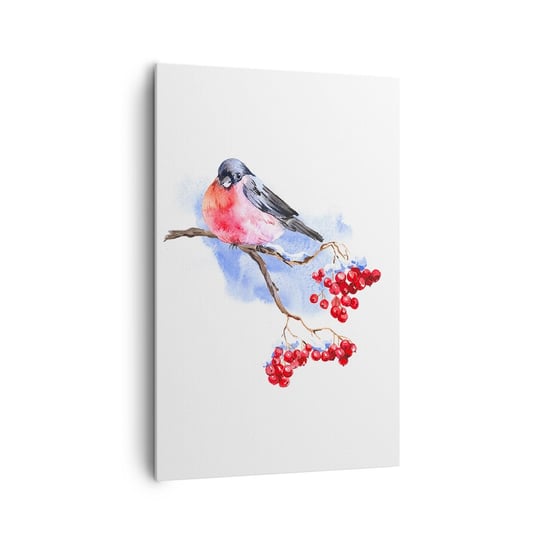 Obraz na płótnie - Zima w kolorze - 80x120cm - Ptak Na Gałęzi Czerwona Jarzębina Grafika - Nowoczesny obraz na ścianę do salonu do sypialni ARTTOR ARTTOR