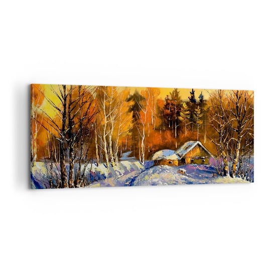 Obraz na płótnie - Zimowa impresja w słońcu - 100x40cm - Krajobraz Zima Górska Chata - Nowoczesny foto obraz w ramie do salonu do sypialni ARTTOR ARTTOR