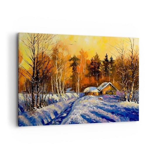 Obraz na płótnie - Zimowa impresja w słońcu - 100x70cm - Krajobraz Zima Górska Chata - Nowoczesny foto obraz w ramie do salonu do sypialni ARTTOR ARTTOR