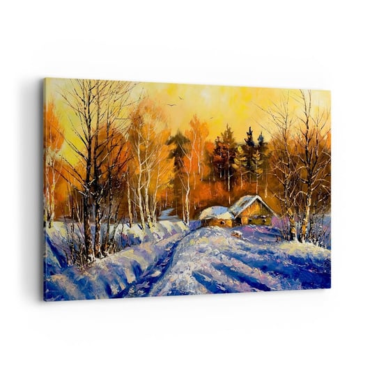 Obraz na płótnie - Zimowa impresja w słońcu - 120x80cm - Krajobraz Zima Górska Chata - Nowoczesny obraz na ścianę do salonu do sypialni ARTTOR ARTTOR
