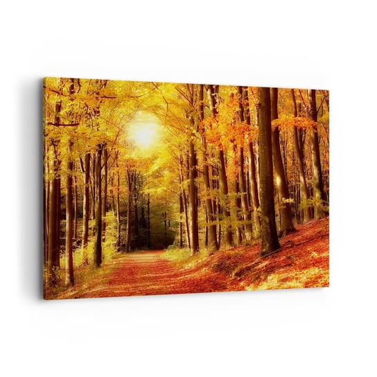 Obraz na płótnie - Złota jesień na leśnej drodze - 100x70cm - Jesień Las Krajobraz - Nowoczesny foto obraz w ramie do salonu do sypialni ARTTOR ARTTOR