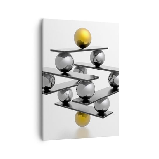 Obraz na płótnie - Złoto-srebrna równowaga - 50x70cm - Abstrakcja Metalowe Kulki 3D - Nowoczesny Canvas obraz do salonu do sypialni ARTTOR ARTTOR