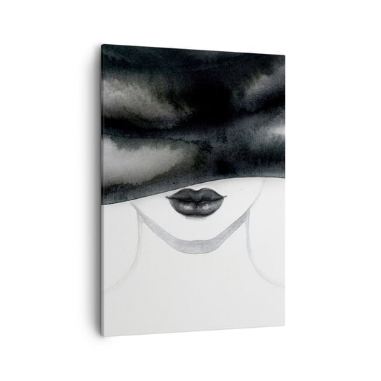 Obraz na płótnie - Zmysłowa tajemnica - 50x70cm - Kobieta W Kapeluszu Modelka Czarno-Biały - Nowoczesny Canvas obraz do salonu do sypialni ARTTOR ARTTOR
