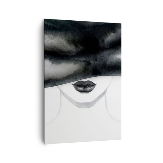 Obraz na płótnie - Zmysłowa tajemnica - 70x100cm - Kobieta W Kapeluszu Modelka Czarno-Biały - Nowoczesny foto obraz w ramie do salonu do sypialni ARTTOR ARTTOR