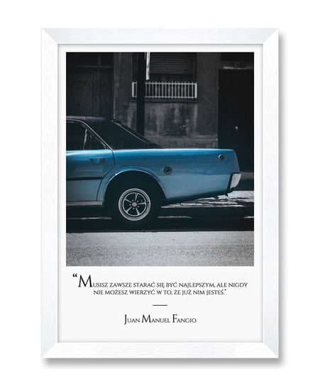 Obraz na ścianę z samochodem samochód prezent dla taty ojca do garażu Juan Manuel Fangio biała rama 23,5x32 cm iWALL studio