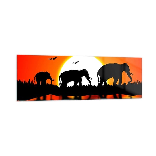 Obraz na szkle - A wieczorem na małego drinka - 160x50 cm - Obraz nowoczesny - Zwierzęta, Afryka, Słoń , Natura, Zachód Słońca - GAB160x50-0533 ARTTOR