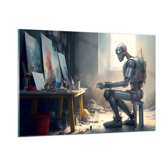 Obraz na szkle - Akt kreacji - 120x80cm - Sztuka Malowanie Robot - Nowoczesny szklany obraz na ścianę do salonu do sypialni ARTTOR ARTTOR
