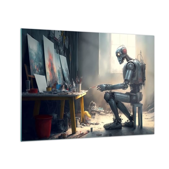 Obraz na szkle - Akt kreacji - 70x50cm - Sztuka Malowanie Robot - Nowoczesny szklany obraz do salonu do sypialni ARTTOR ARTTOR