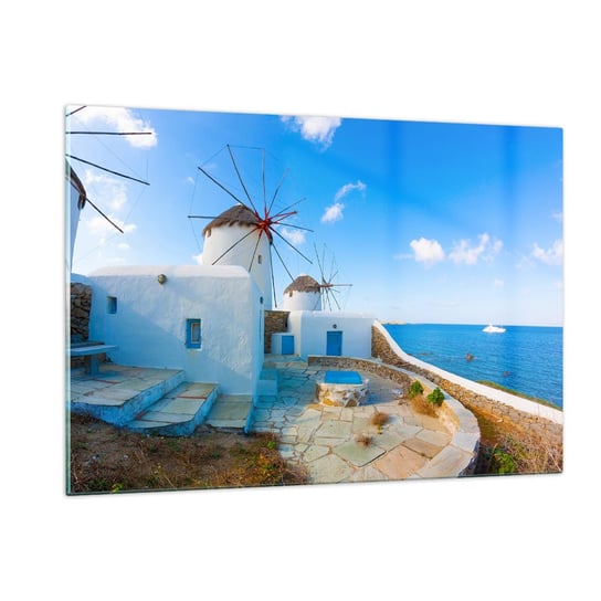 Obraz na szkle - Błękitny wiatr od morza - 120x80cm - Architektura Krajobraz Grecja - Nowoczesny szklany obraz na ścianę do salonu do sypialni ARTTOR ARTTOR