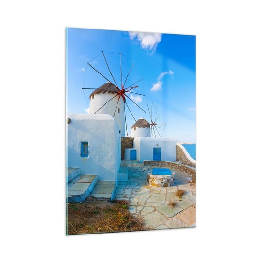 Obraz na szkle - Błękitny wiatr od morza - 50x70cm - Architektura Krajobraz Grecja - Nowoczesny szklany obraz do salonu do sypialni ARTTOR ARTTOR