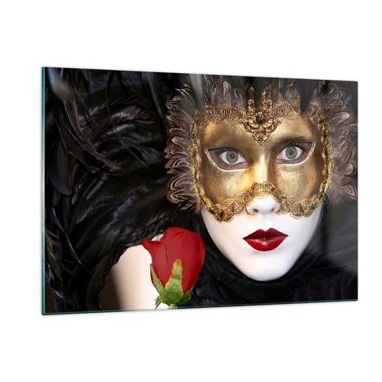 Obraz na szkle - Bo życie to wielki bal - 120x80cm - Maska Róża Czerwone Usta - Nowoczesny szklany obraz na ścianę do salonu do sypialni ARTTOR ARTTOR
