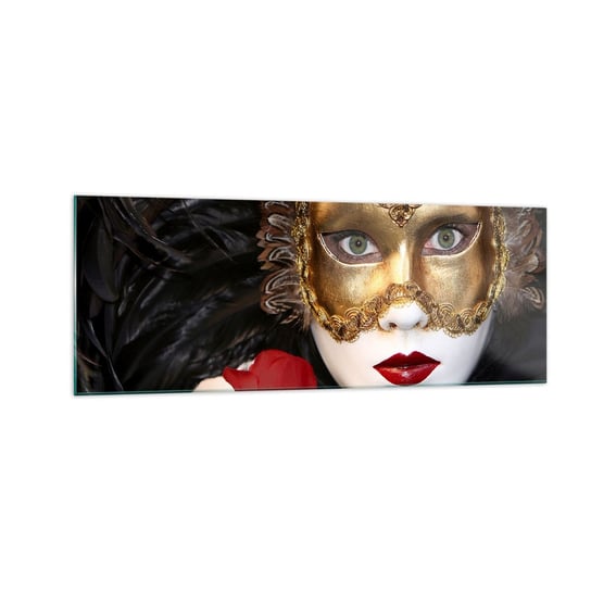 Obraz na szkle - Bo życie to wielki bal - 140x50cm - Maska Róża Czerwone Usta - Nowoczesny szklany obraz do salonu do sypialni ARTTOR ARTTOR