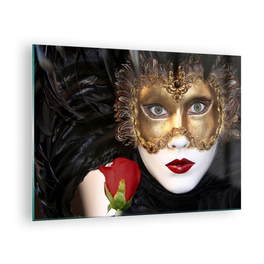 Obraz na szkle - Bo życie to wielki bal - 70x50cm - Maska Róża Czerwone Usta - Nowoczesny szklany obraz do salonu do sypialni ARTTOR ARTTOR