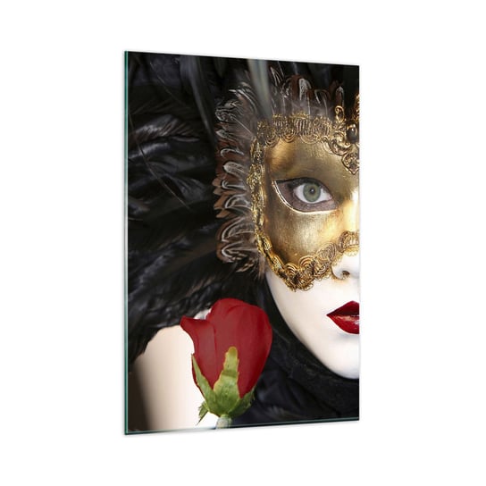 Obraz na szkle - Bo życie to wielki bal - 80x120cm - Maska Róża Czerwone Usta - Nowoczesny szklany obraz na ścianę do salonu do sypialni ARTTOR ARTTOR