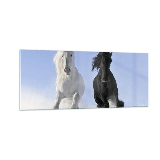 Obraz na szkle - Czarno-biały galop - 100x40cm - Zwierzęta Koń Zima - Nowoczesny foto szklany obraz do salonu do sypialni ARTTOR ARTTOR