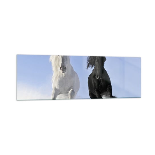 Obraz na szkle - Czarno-biały galop - 160x50cm - Zwierzęta Koń Zima - Nowoczesny foto szklany obraz do salonu do sypialni ARTTOR ARTTOR