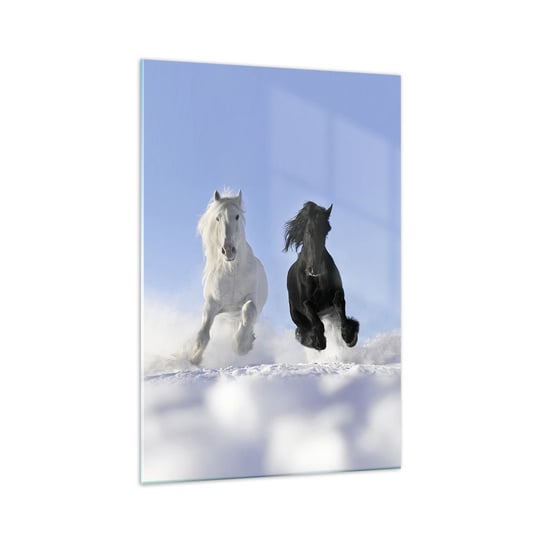 Obraz na szkle - Czarno-biały galop - 70x100cm - Zwierzęta Koń Zima - Nowoczesny foto szklany obraz do salonu do sypialni ARTTOR ARTTOR