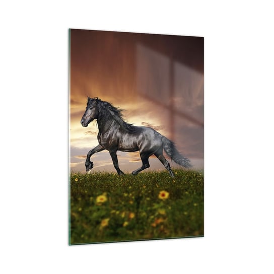 Obraz na szkle - Czarny książę - 50x70cm - Zwierzęta Koń Arabski Krajobraz - Nowoczesny szklany obraz do salonu do sypialni ARTTOR ARTTOR