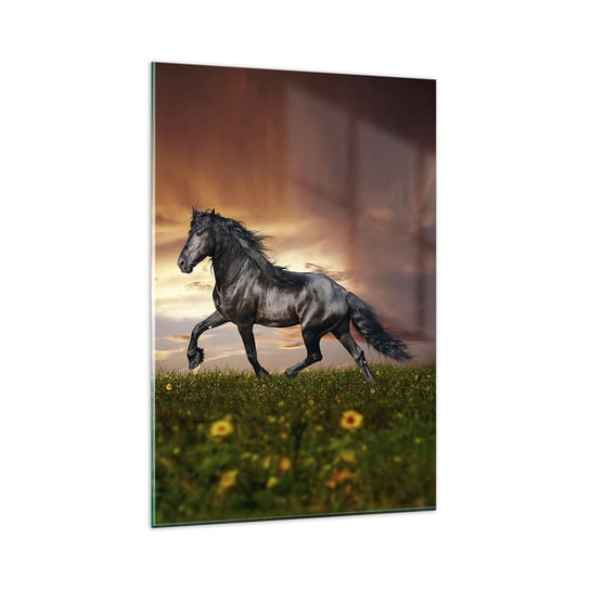 Obraz na szkle - Czarny książę - 80x120cm - Zwierzęta Koń Arabski Krajobraz - Nowoczesny szklany obraz na ścianę do salonu do sypialni ARTTOR ARTTOR