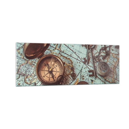Obraz na szkle - Dla poszukiwacza przygód - 140x50cm - Kompas Luneta Mapa - Nowoczesny szklany obraz do salonu do sypialni ARTTOR ARTTOR