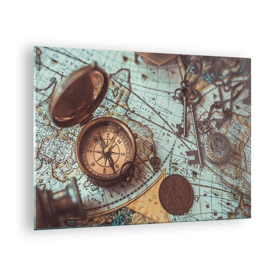 Obraz na szkle - Dla poszukiwacza przygód - 70x50cm - Kompas Luneta Mapa - Nowoczesny szklany obraz do salonu do sypialni ARTTOR ARTTOR