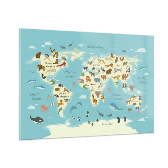 Obraz na szkle - Dobrzy sąsiedzi - 100x70cm - Mapa Świata Mapa Ze Zwierzętami Zwierzęta - Nowoczesny foto szklany obraz do salonu do sypialni ARTTOR ARTTOR