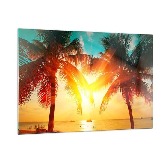 Obraz na szkle - Egzotyczna para - 120x80cm - Krajobraz Palma Kokosowa Plaża - Nowoczesny szklany obraz na ścianę do salonu do sypialni ARTTOR ARTTOR