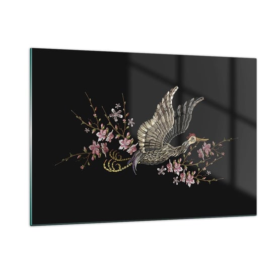 Obraz na szkle - Egzotyczny, haftowany ptak - 120x80cm - Ptak Grafika Kwiaty - Nowoczesny szklany obraz na ścianę do salonu do sypialni ARTTOR ARTTOR
