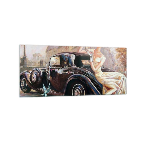 Obraz na szkle - Elegancja w stylu retro - 120x50cm - Samochód Retro Kobieta Pałac - Nowoczesny szklany obraz na ścianę do salonu do sypialni ARTTOR ARTTOR