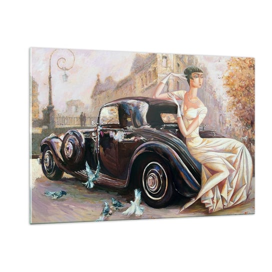 Obraz na szkle - Elegancja w stylu retro - 120x80cm - Samochód Retro Kobieta Pałac - Nowoczesny szklany obraz na ścianę do salonu do sypialni ARTTOR ARTTOR