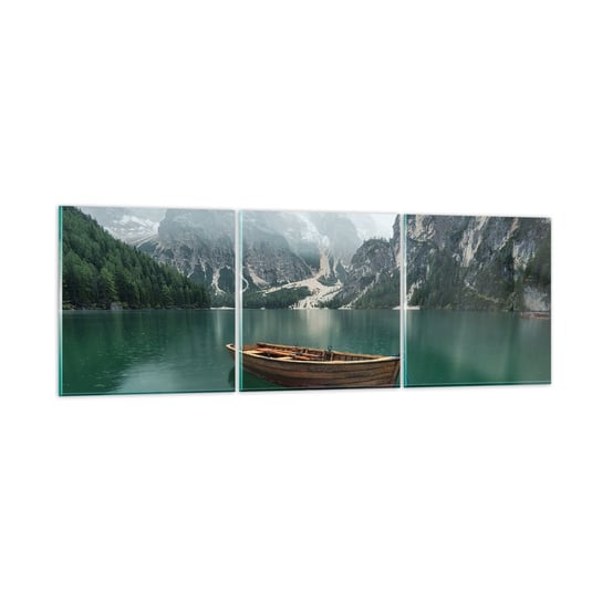 Obraz na szkle - "I dumne opoki czoła" - 90x30 cm - Obraz nowoczesny - Krajobraz, Góry, Jezioro, Łódka, Tyrol - GCA90x30-3978 ARTTOR