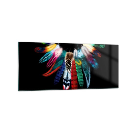 Obraz na szkle - Indiański naszyjnik - 120x50cm - Ptasie Pióro Boho Grafika - Nowoczesny szklany obraz na ścianę do salonu do sypialni ARTTOR ARTTOR