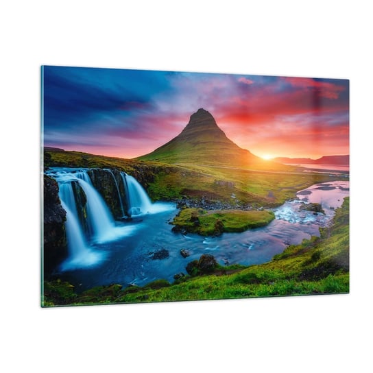 Obraz na szkle - Islandia - ogień i woda - 120x80cm - Krajobraz Islandia Kirkjufellsfoss - Nowoczesny szklany obraz na ścianę do salonu do sypialni ARTTOR ARTTOR