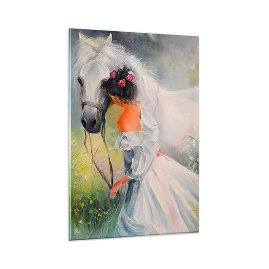 Obraz na szkle - Jak z pięknego snu - 80x120cm - Kobieta Koń Łąka - Nowoczesny szklany obraz na ścianę do salonu do sypialni ARTTOR ARTTOR