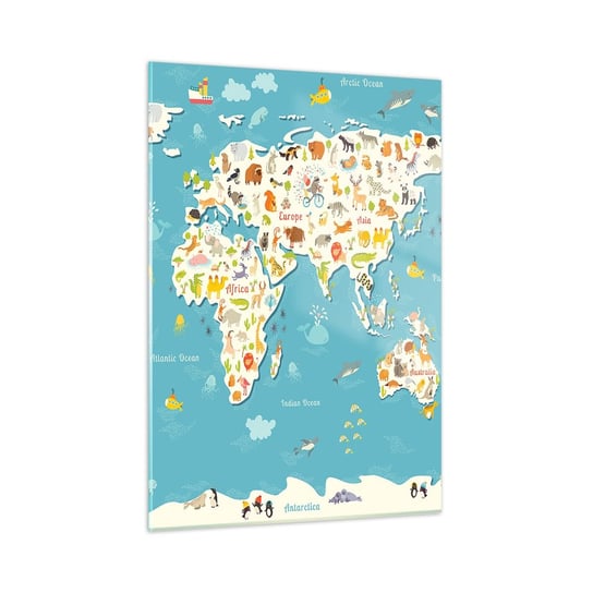 Obraz na szkle - Kochamy cały świat - 50x70cm - Mapa Świata Zwierzęta Dla Dzieci - Nowoczesny szklany obraz do salonu do sypialni ARTTOR ARTTOR