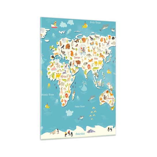 Obraz na szkle - Kochamy cały świat - 70x100cm - Mapa Świata Zwierzęta Dla Dzieci - Nowoczesny foto szklany obraz do salonu do sypialni ARTTOR ARTTOR