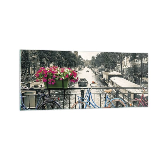 Obraz na szkle - Kolory amsterdamskiej ulicy - 100x40cm - Miasto Amsterdam Rower - Nowoczesny foto szklany obraz do salonu do sypialni ARTTOR ARTTOR