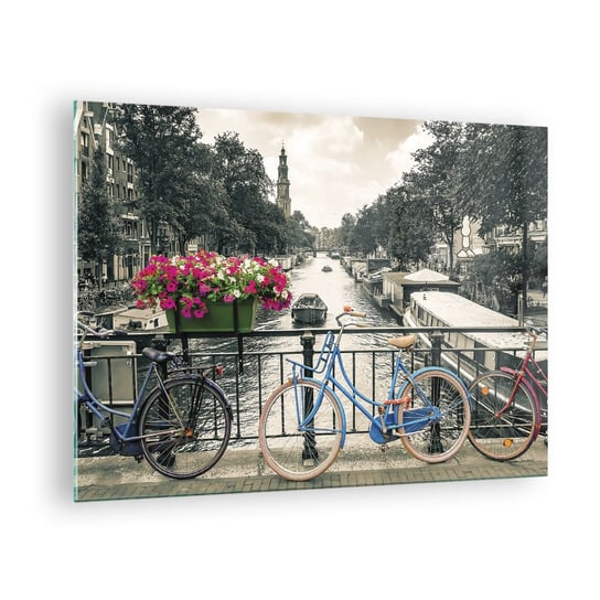 Obraz na szkle - Kolory amsterdamskiej ulicy - 70x50cm - Miasto Amsterdam Rower - Nowoczesny szklany obraz do salonu do sypialni ARTTOR ARTTOR