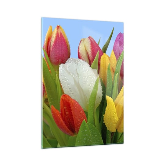 Obraz na szkle - Kwiatowa tęcza w kroplach rosy - 50x70cm - Tulipany Kwiaty Bukiet Kwiatów - Nowoczesny szklany obraz do salonu do sypialni ARTTOR ARTTOR