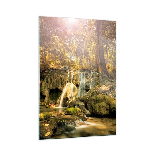 Obraz na szkle - Leśna kaskada w zieleni - 50x70cm - Krajobraz Wodospad Las - Nowoczesny szklany obraz do salonu do sypialni ARTTOR ARTTOR