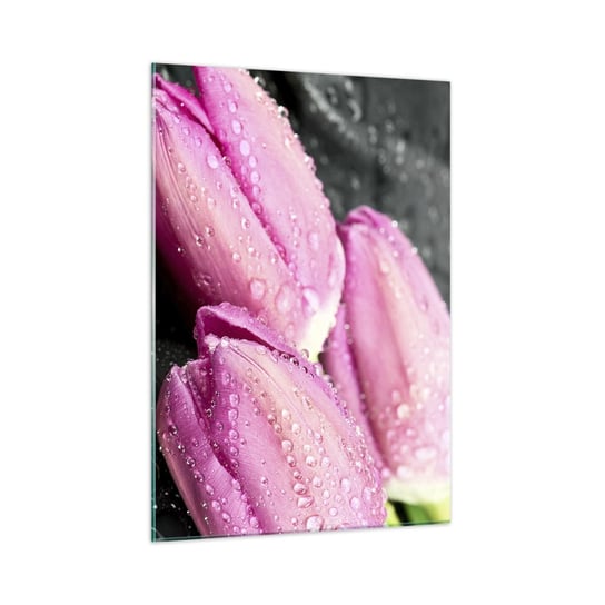 Obraz na szkle - Liliowa trójka na czarnym kamieniu - 50x70cm - Kwiaty Tulipany Bukiet Kwiatów - Nowoczesny szklany obraz do salonu do sypialni ARTTOR ARTTOR