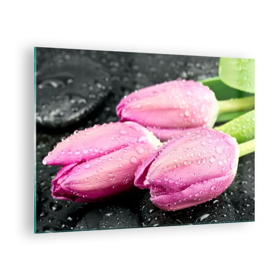 Obraz na szkle - Liliowa trójka na czarnym kamieniu - 70x50cm - Kwiaty Tulipany Bukiet Kwiatów - Nowoczesny szklany obraz do salonu do sypialni ARTTOR ARTTOR